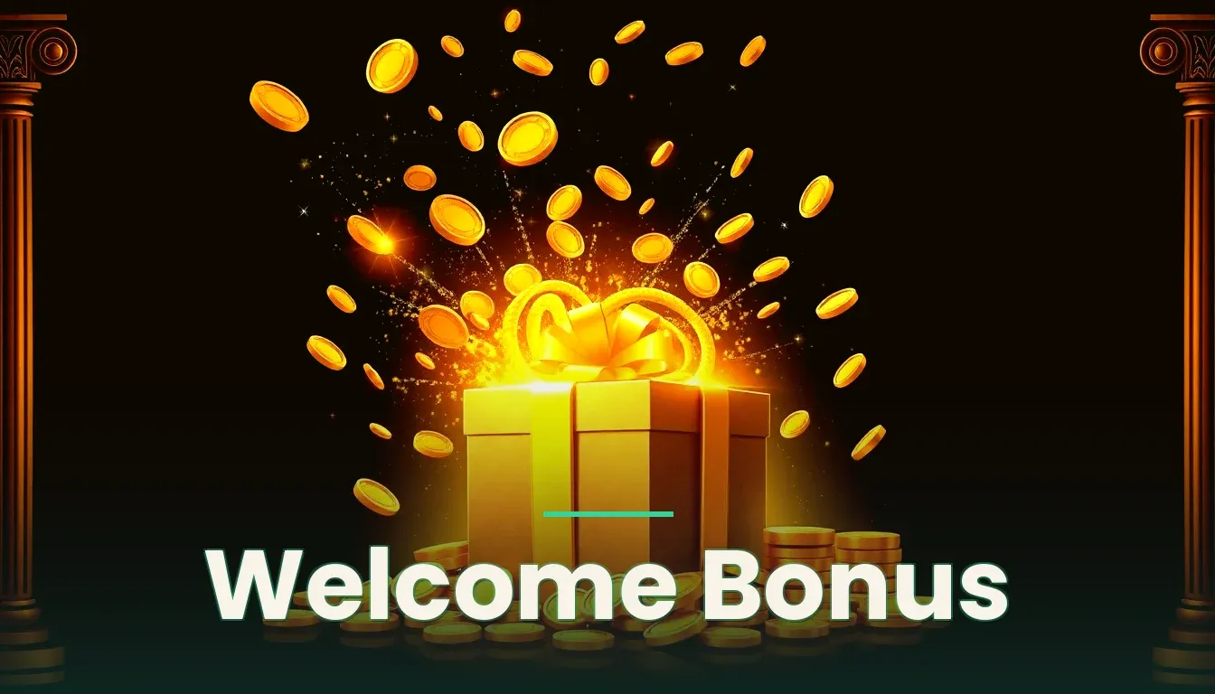 Mega Medusa Casino homepage showing welcome bonus banner and navigation menu
